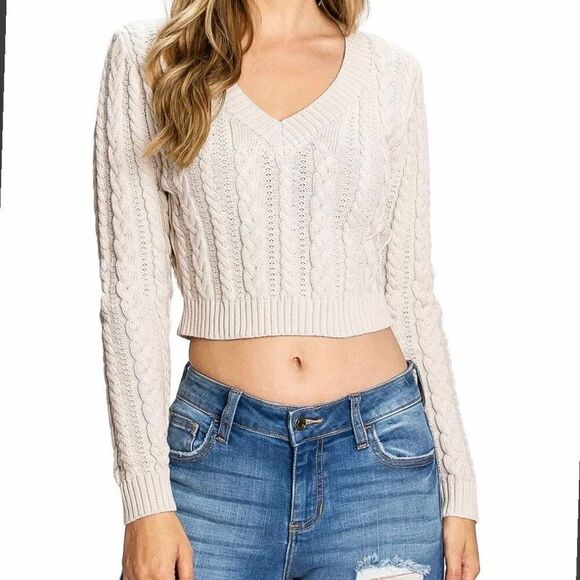 Love Tree Women's Juniors V-Neck Cropped Knit Sweater neutral grey size L - Picture 1 of 7